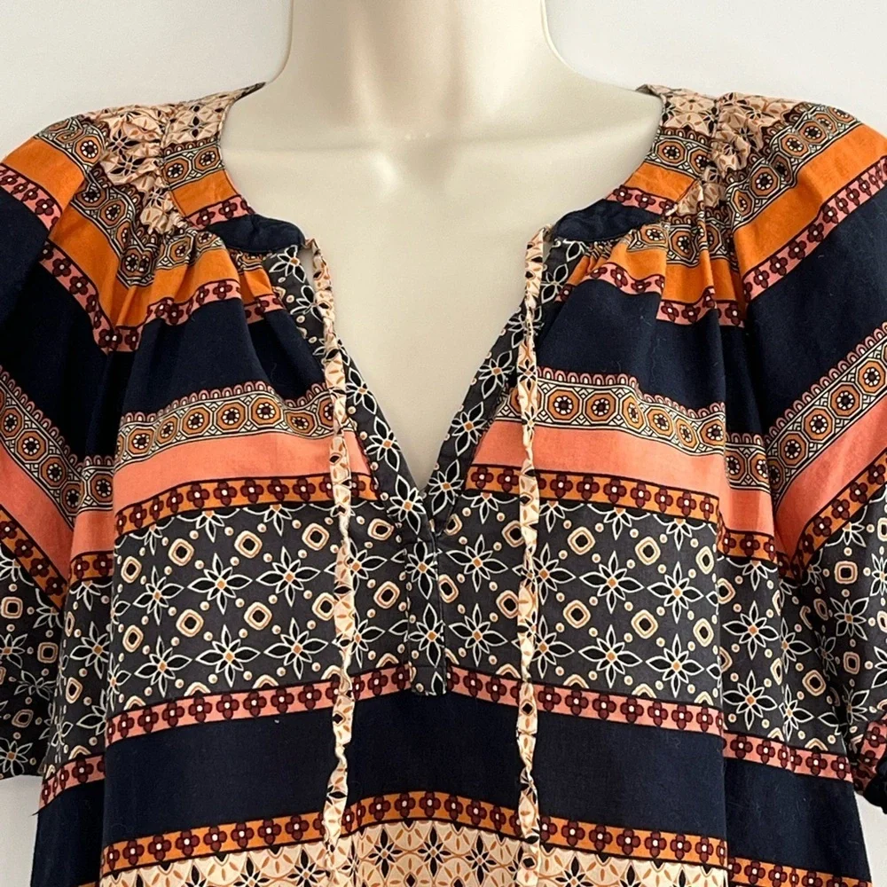 LOFT 'Foulard' Tie Neck Puff Sleeve Top Mixed Bohemian Print Cotton Size MP